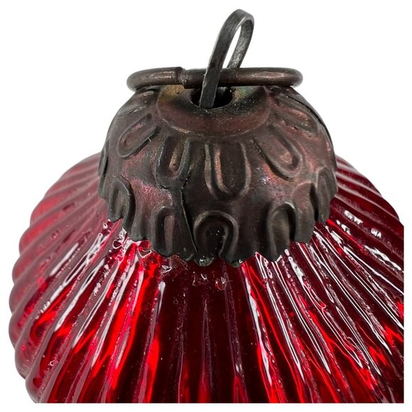 3 Modern Kugel Style Glass Christmas Tree Ornaments Ribbed Red Blue Metal Caps - Picture 4 of 12